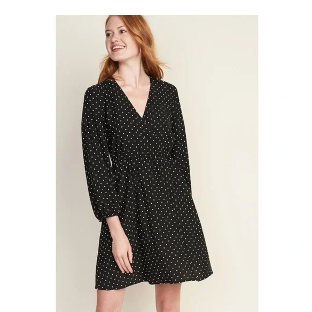 Old Navy Black & White Polka Dot Long Sleeve Faux Wrap Dress Size S Casual Fem - Picture 6 of 6